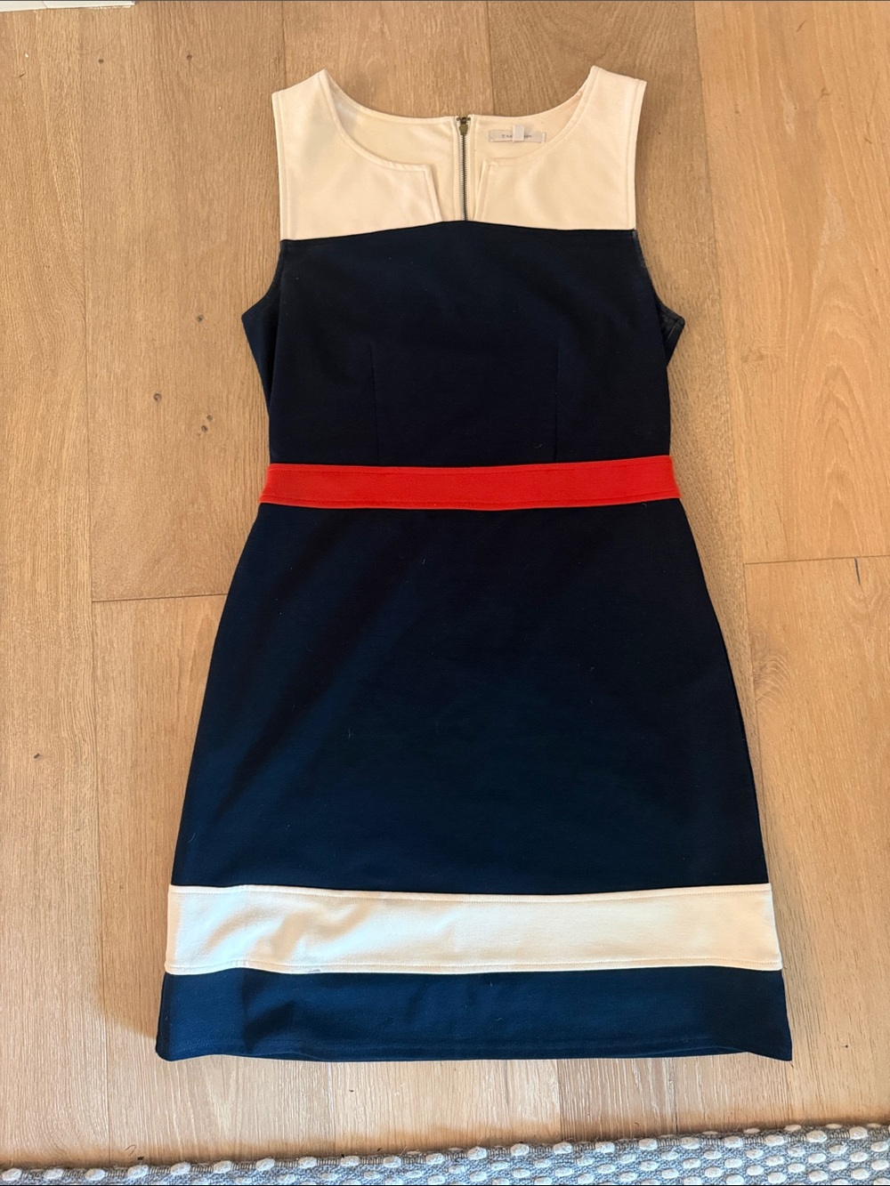 41 Hawthorn Navy Sheath Dress with Cream Accents and Red Waist